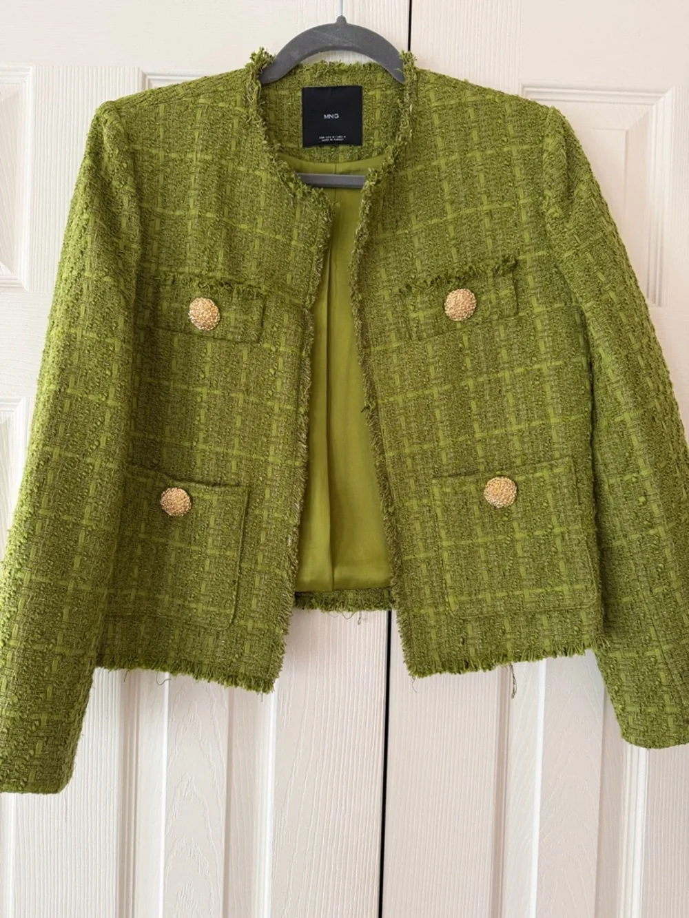 Mango Green Tweed Fringe Jacket with Gold Buttons